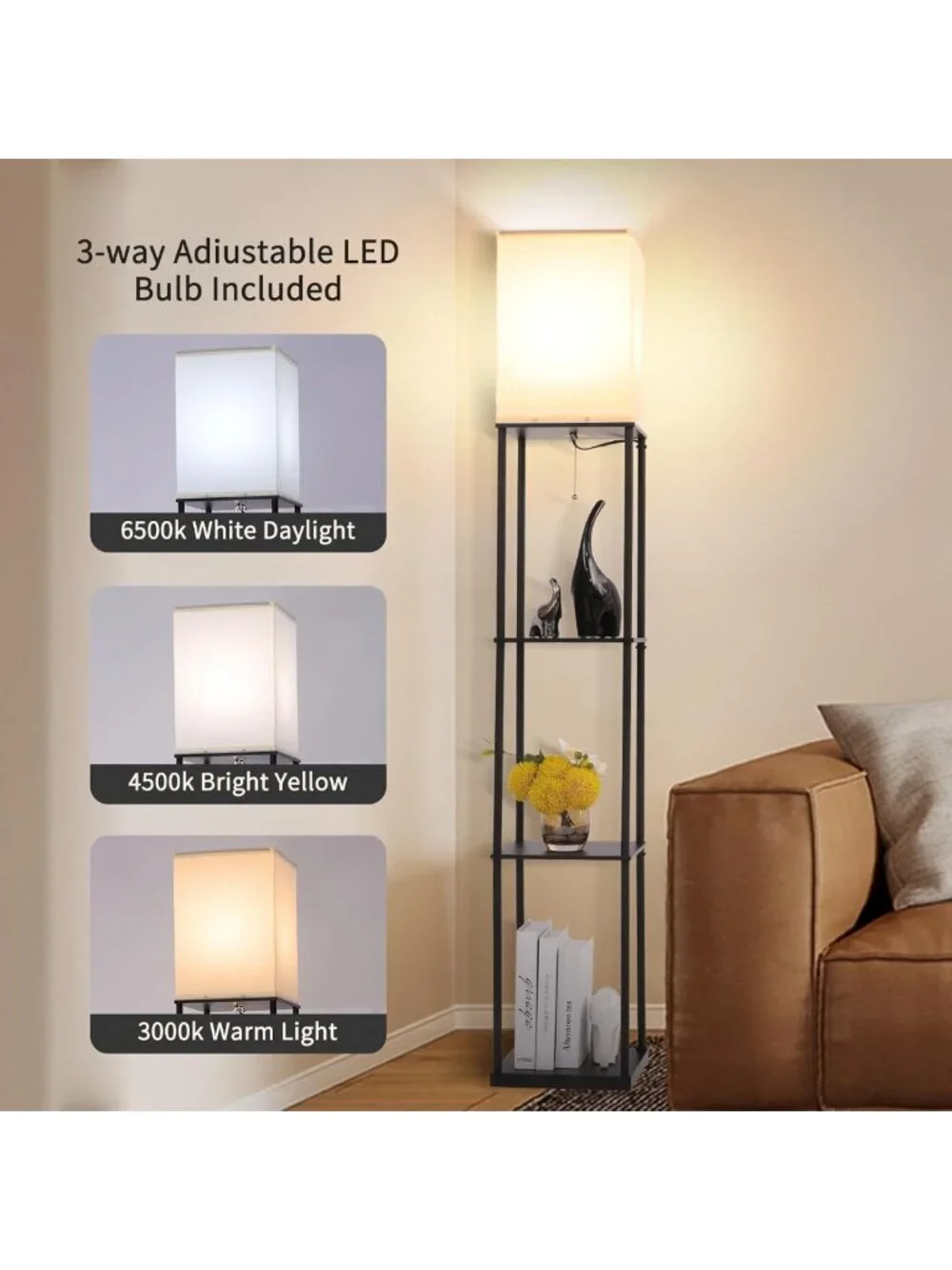 Modern Floor Lamp with Shelves, 3 Color Temperature, Corner Bookshelf Light